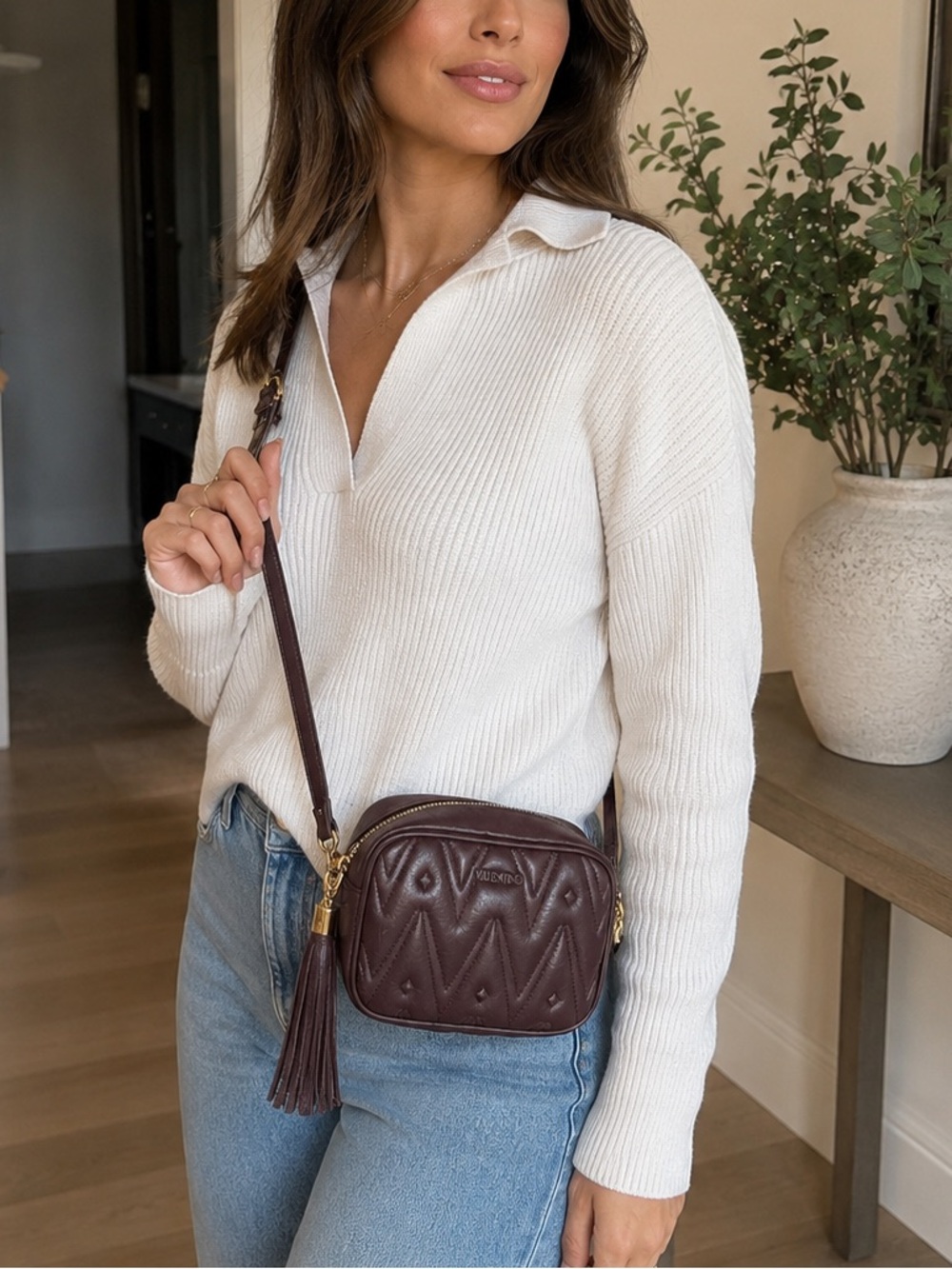 Mario Valentino Brown Leather Quilted Crossbody Camera Bag Tassel
